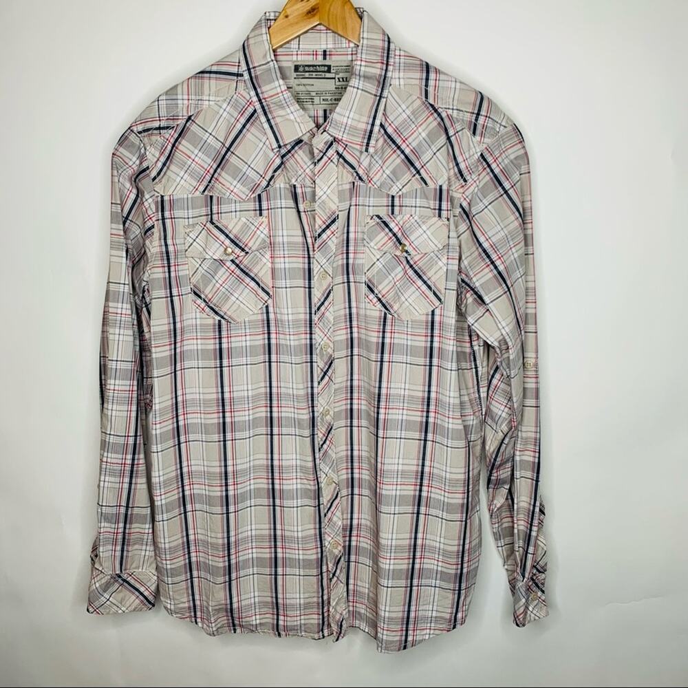 Machine Plaid Grey Blue Red Button Up Shirt XXL
